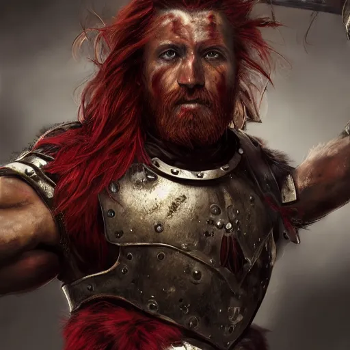 Image similar to bulky muscular scottish warrior with red hair and a kilt, tribal blood red war paintings on his chest, bronze plate armor, 4 k oil on linen by wlop, artgerm, andrei riabovitchev, nuri iyem, james gurney, james jean, greg rutkowski, highly detailed, soft lighting 8 k resolution