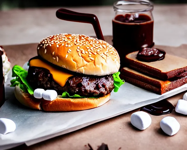 Image similar to dslr food photograph of burger with a few marshmallows in it, some chocolate sauce, 8 5 mm f 1. 4