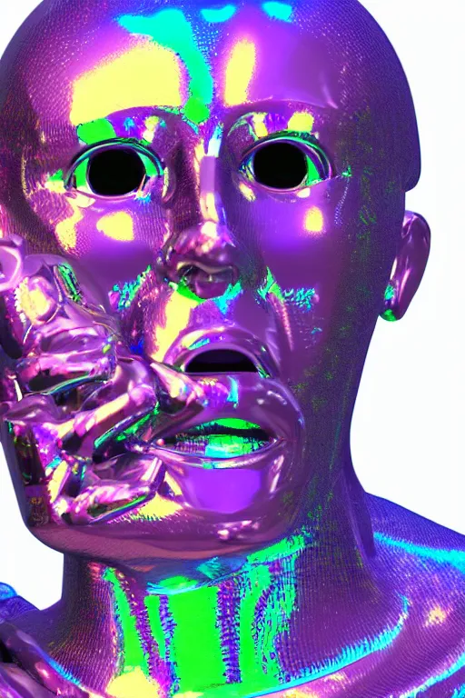 Image similar to 3d render of holographic angry human robotic screaming angry bust made of glossy iridescent, screaming, bust, surrealistic 3d illustration of a human non-binary, non binary model, 3d model human, cryengine, made of holographic texture, holographic material, holographic rainbow, concept of cyborg and artificial intelligence