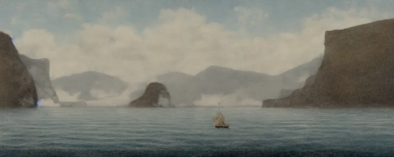 Image similar to cruise ship near misty black cliffs over steamy water by Fernand Khnopff, matte painting