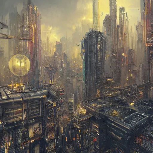 Image similar to An extremely detailed matte painting of a golden cyberpunk skeleton with highly detailed and intricate electric eyes, by android jones and greg rutkowski, Trending on artstation, hyperrealism, elegant, stylized, highly detailed digital art, 8k resolution, hd, global illumination, radiant light, detailed and intricate cyberpunk ghetto environment, rendered in octane, oil on canvas