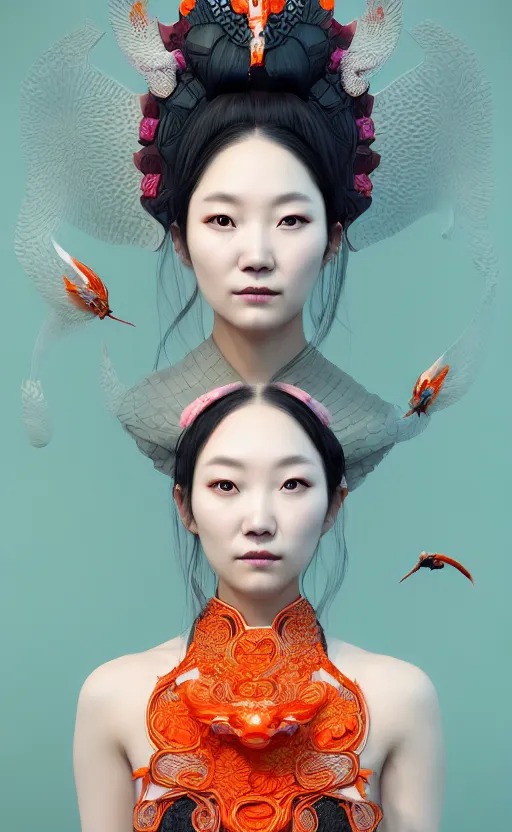 Prompt: 3 d goddess medium shot profile portrait. beautiful intricate highly detailed korean gumiho mask and traditional korean hanbok. stingray, magpie, bio luminescent, plasma, lava, ice, water, wind, creature, artwork by tooth wu and wlop and beeple and greg rutkowski, trending on artstation,