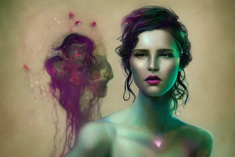 Image similar to tom bagshaw inspired, ultra realist portrait waves miniaturesdiamonds and rubies gems underwater curiosities reflections and refractions carnival, a single very beautiful enchantress in full underwater armor, symmetry accurate features, focus, very intricate ultrafine details, green purple aqua volumetric lights, award winning masterpiece, octane render 8 k hd