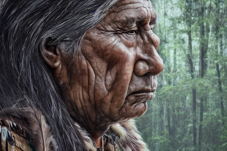 Prompt: hyper-realistic up close photograph of an elegant native american thinking, forest, detailed,