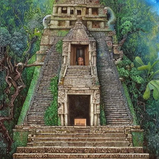 Prompt: ancient maya temple, art by daniel merriam, high details, complex decorations, beautiful view, mystical, very old, vines, hidden place, mysterious, enigmatic