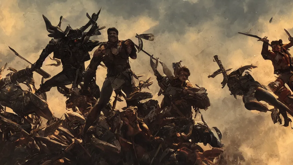 Prompt: patrick j. jones. rutkowski. from high above i see the last of my warriors surrounded by giant demons. this is my last chance. 3 8 4 0 x 2 1 6 0