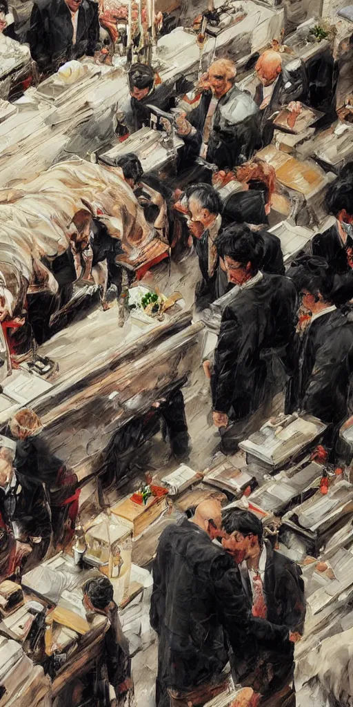 Image similar to oil painting scene from funerals by kim jung gi