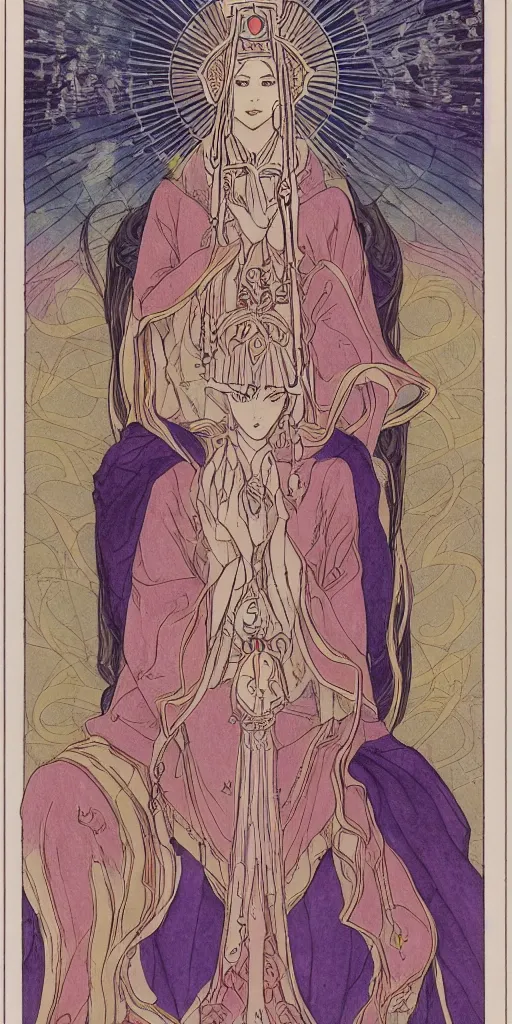 Image similar to a mystical woman priestess sitting on a throne, the divine feminine, drawn by studio UFOTABLE, fine line work, pastel colors, Tarot cards