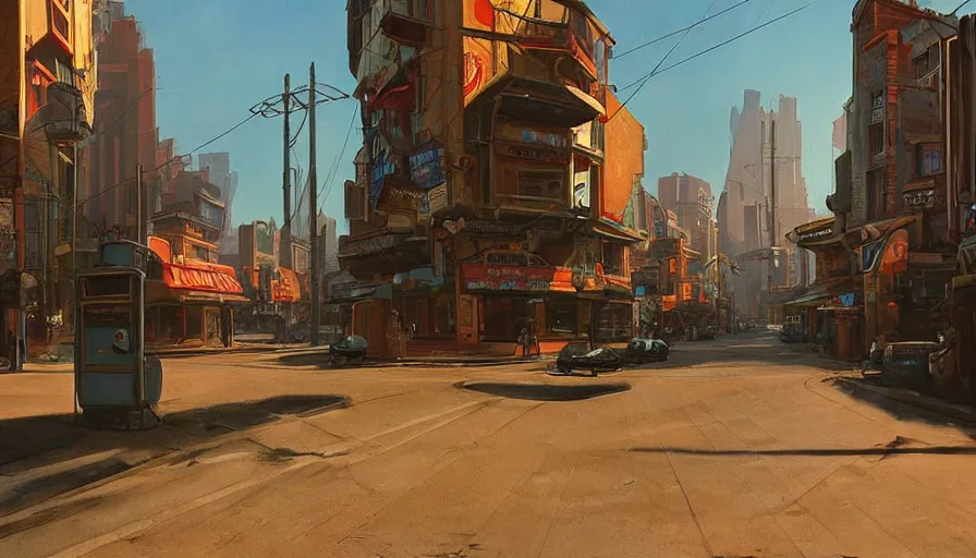 Image similar to a beautiful painting of a retro future city street, ray traced lighting by jean claude mezieres