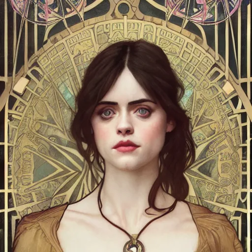 Image similar to a combination of Alexandra Daddario, Maisie Williams, Krysten Ritter, Anne Hathaway and Natalia Dwyer Christina Ricci and Lily Collins by Alphonse Mucha, Magali Villeneuve and Livia Prima, trending on artstation, long hair, dark eyes