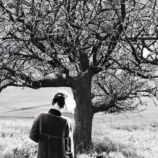 Prompt: a man is standing by apple tree. a girl holds a very large silver key. folk horror. eerie. fine detail. realistic. fireflies