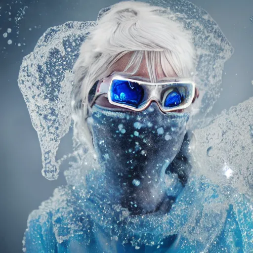 Image similar to futuristic female soldier eyes closed partly submerged in highly viscous clear fluid, frost particles, ice needles, cold blue light, complex hyperdetailed technical suit. white hair flowing. reflection. rays and dispersion of light. volumetric light. 5 0 mm, f / 3 2. noise film photo. ultra realistic, wide angle.