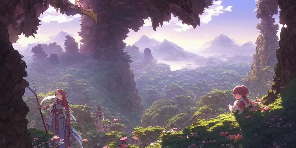 Prompt: the knight and the sword of rose petal, anime, castle core, mountains, rocky roads. by hayao miyazaki and rossdraws and artgerm and greg rutkowski and alphonse mucha and studio ghibli. high quality, stunning, intricate detailed environment. 8 k