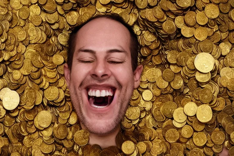 Prompt: an overhead view of a man laughing hysterically who is covered with gold coins and is lying in an antique clawfoot bathtub filled with gold coins