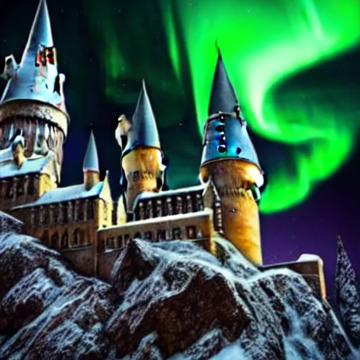 Image similar to “Hogwarts School of Witchcraft and Wizardry with the norther lights in the background. 4k, 8k, unreal 5, very detailed, hyper control-realism,.”