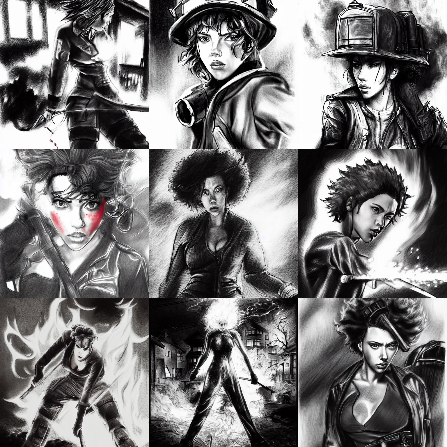 Prompt: a frantic looking scarlett johansson as a fireman, surrounded by a burning houses, afro samurai anime style, charcoal sketch, dramatic lighting,