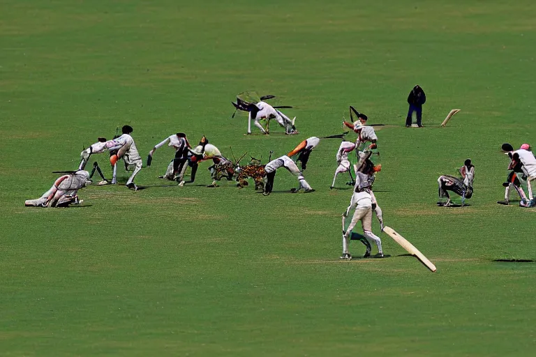 Image similar to a group of insects playing the sport of cricket