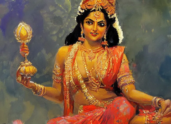 Prompt: a highly detailed beautiful portrait of indian goddess lakshmi, by gregory manchess, james gurney, james jean