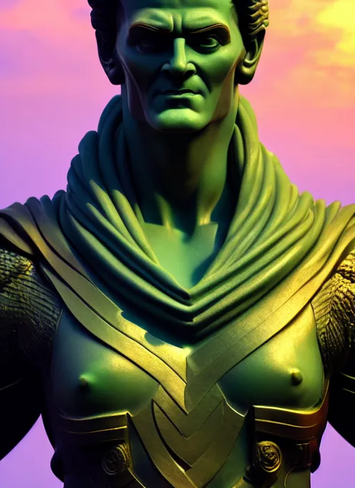 Image similar to stoic statue of loki, vaporwave, aesthetic, naturel, hyper detailed, digital sculpture, trending in artstation, cinematic lighting, studio quality, smooth render, unreal engine 5 rendered, octane rendered