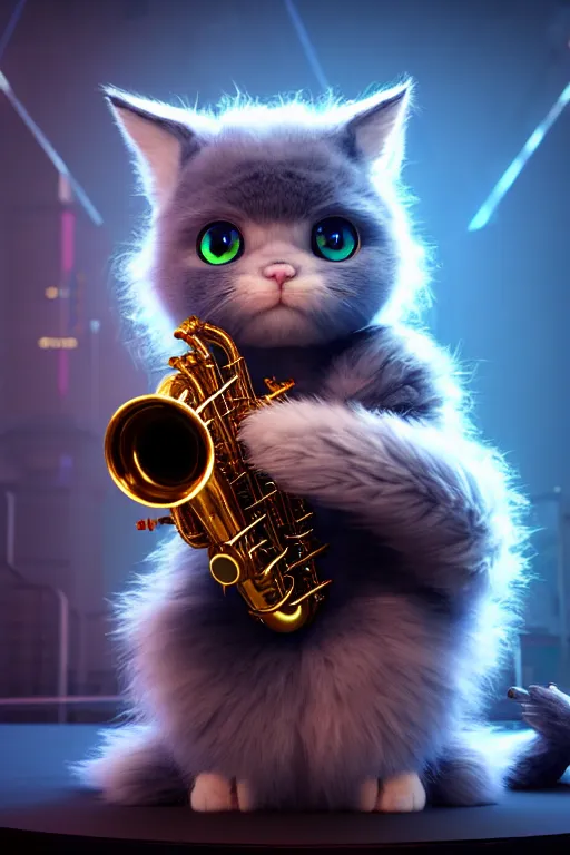 Image similar to high quality 3 d render very cute fluffy cyborg! cat plays saxophone, cyberpunk highly detailed, unreal engine cinematic smooth, in the style of blade runner & detective pikachu, hannah yata charlie immer, moody light, low angle, uhd 8 k, sharp focus