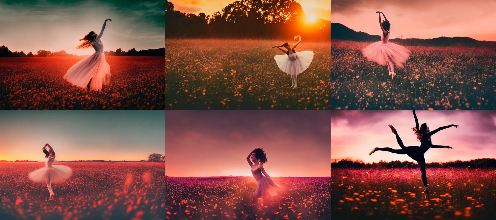 Prompt: 50mm DSLR photograph of a moody tones flower meadow at sunset, ethereal ballerina dancing in the center, photography, panoramic view, Hyperdetailed, Lightroom preset, photorealistic, Unsplash
