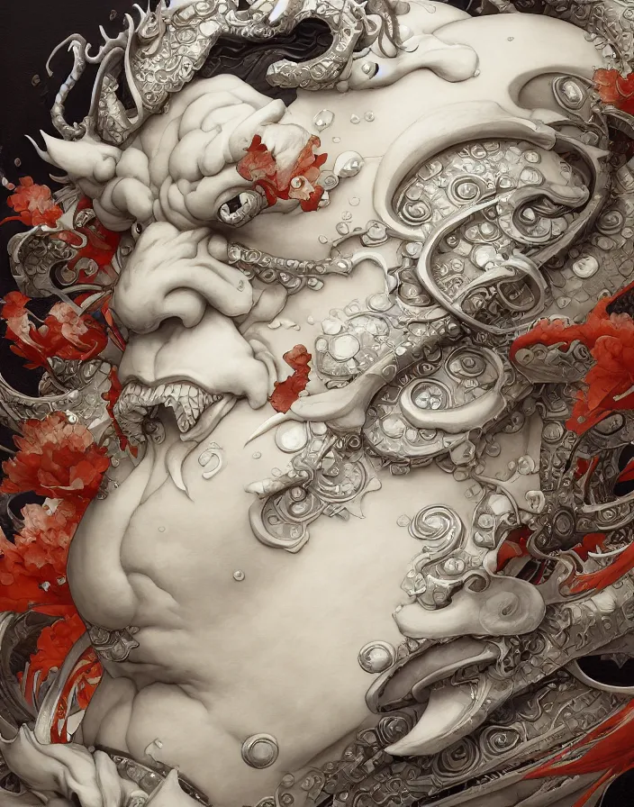 Image similar to subsurface scattering, white, koi, samurai deity with koi armor, art nouveau swirls, octane render, by jesper ejsing, james jean, justin gerard, tomasz alen kopera, cgsociety and fenghua zhong, highly detailed, rim light, cinematic lighting, art, very coherent, cinematic, hyper realism, high detail, 8 k