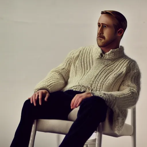 Image similar to ryan gosling but he is knitted from yarn, sits on a chair in a white jacket, preservation of lethality, proportions, quality, realism, focus in the foreground,