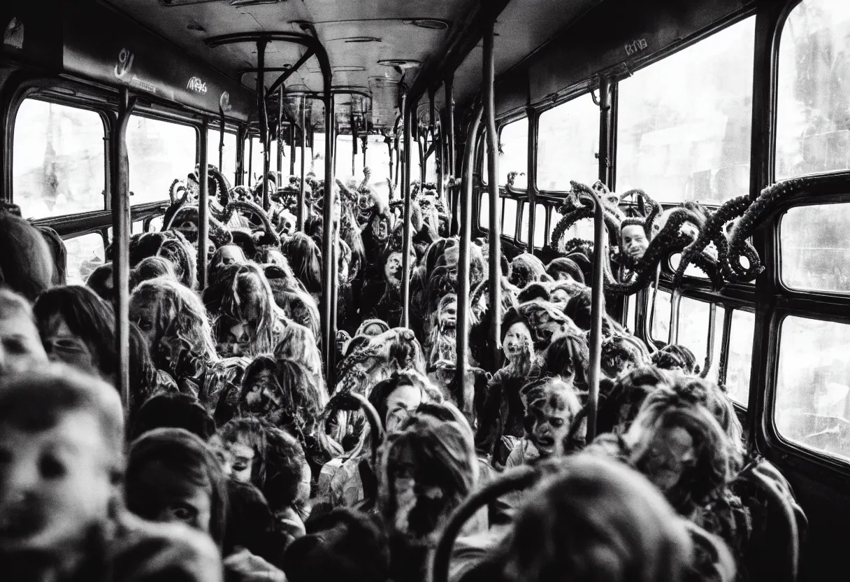 Prompt: photo of a interior of a crowded bus, there is a huge monster octopus trying to break in, octopus beak, tentcles creeping in thrugh the windows and gaps, people are scared and screaming while trying to flee through the windows, 1 6 mm lens,