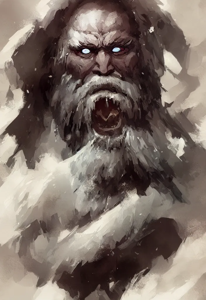 Prompt: portrait of an ice giant, face made of ice and snow, beard, concept art in style of Greg Rutkowski, John Singer Sargant, painted by Frazetta, trending on artstation