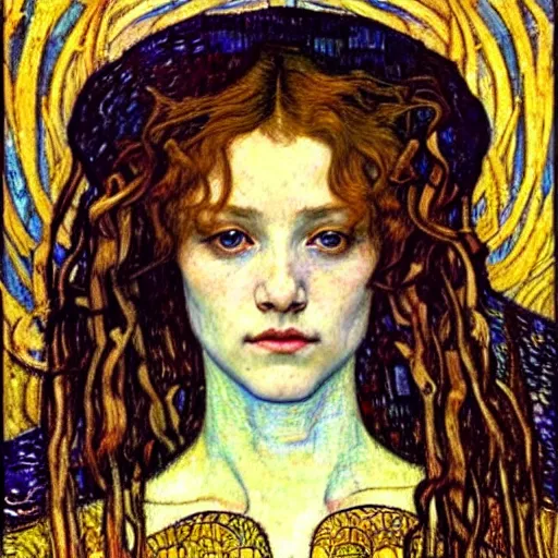 Image similar to detailed realistic beautiful young medieval queen face portrait by jean delville, gustav klimt and vincent van gogh, art nouveau, symbolist, visionary, gothic, pre - raphaelite