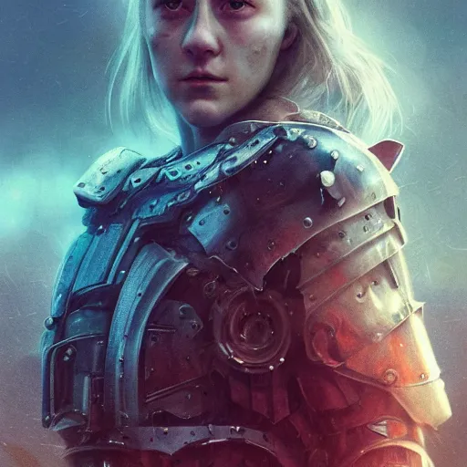 Image similar to saoirse ronan portrait, dystopia core, apocalyptic, armor, warrior, dramatic, sharp focus, fiction, neon, fantasy, hyper detailed, digital art, trending in artstation, cinematic lighting, studio quality, smooth render, unreal engine 5 rendered, octane rendered, art style and nixeu and wlop and krenz cushart