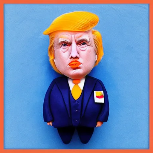 Image similar to edible donald trump made step by step : 1. lemon skin for hair 2. cake and orange pieces for the face 3. blueberries and whipped cream for the suit, from the beautiful'food art collection ', dslr