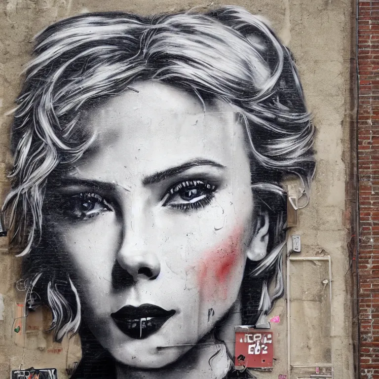 Prompt: Detailed street-art portrait of Scarlett Ingrid Johansson in style of Banksy