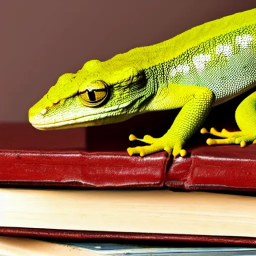 Image similar to the! geico! gecko on a table,! being crushed! by a stack of books