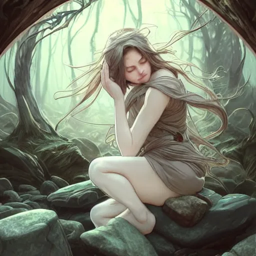 Image similar to wide angle, mage, sleeping on rock, white grey blue color palette, eyes closed, forest, female, d & d, fantasy, intricate, elegant, highly detailed, long brown hair, digital painting, artstation, octane render, concept art, matte, sharp focus, illustration, hearthstone, art by artgerm, alphonse mucha johannes voss