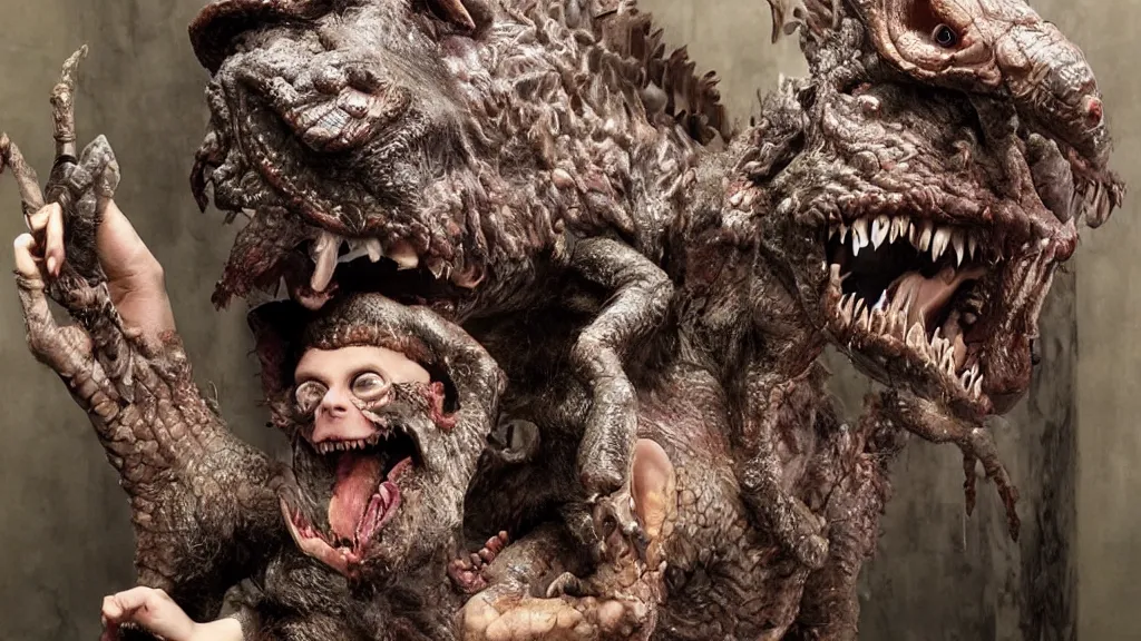 Prompt: A cinematic sculpture of a cute by scary monster with scaly skin and crazy hair by Rick Baker and Chris Walas.