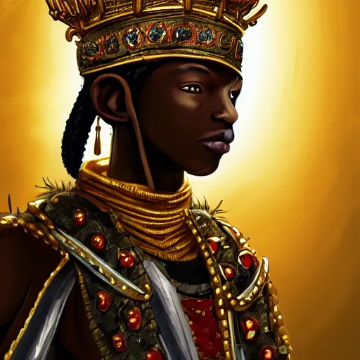 Image similar to a young black boy dressed like an african moorish warrior in gold armor and a crown with a ruby, and a very ornate glowing scimtar, for honor character digital illustration portrait design, by android jones in a psychedelic fantasy style, dramatic lighting, hero pose, wide angle dynamic portrait