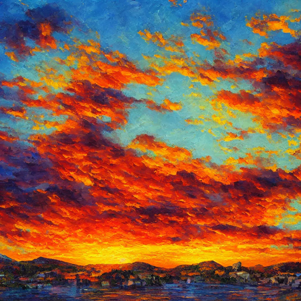 Image similar to an impasto oil painting of a stunning, colorful sunset over ratisbona painted by ken hong leung