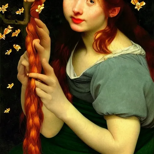 Image similar to portrait of a young woman, among the lights of golden fireflies and nature, long loose red hair, intricate details, green eyes, hint of freckles, round gentle face, happy cheeky smile with red lips, deep focus, smooth, sharp, golden ratio, hyper realistic art by artemisia lomi gentileschi and caravaggio and artgerm