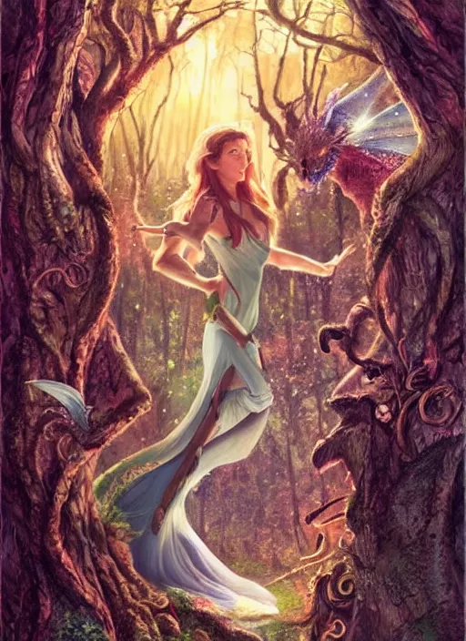 Prompt: movie poster, fantasy, kingdom in the woods, dragons, profile of a beautiful woman, fairies, magical, enchanting, nostalgic, by john alvin,