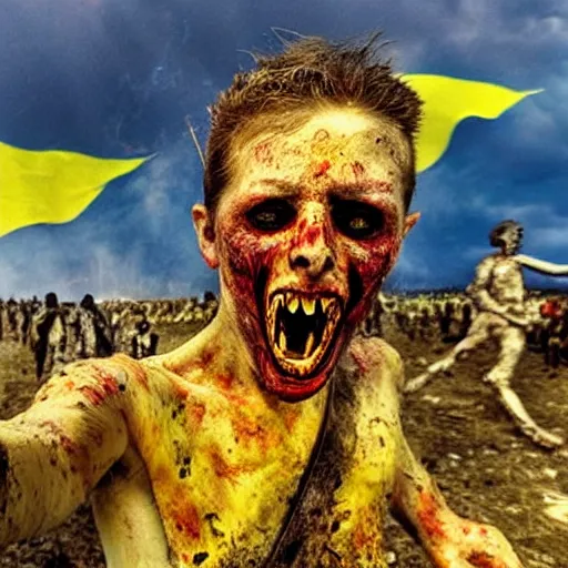 Image similar to selfie of a ukrainian screaming in pain and terrible injuries from a nuclear explosion, everything is on fire and radiation, in the background there are a lot of people like zombies, corpses and skeletons, a large nuclear explosion in the background, people are painted in yellow and blue, all dirty with severed limbs, doomsday