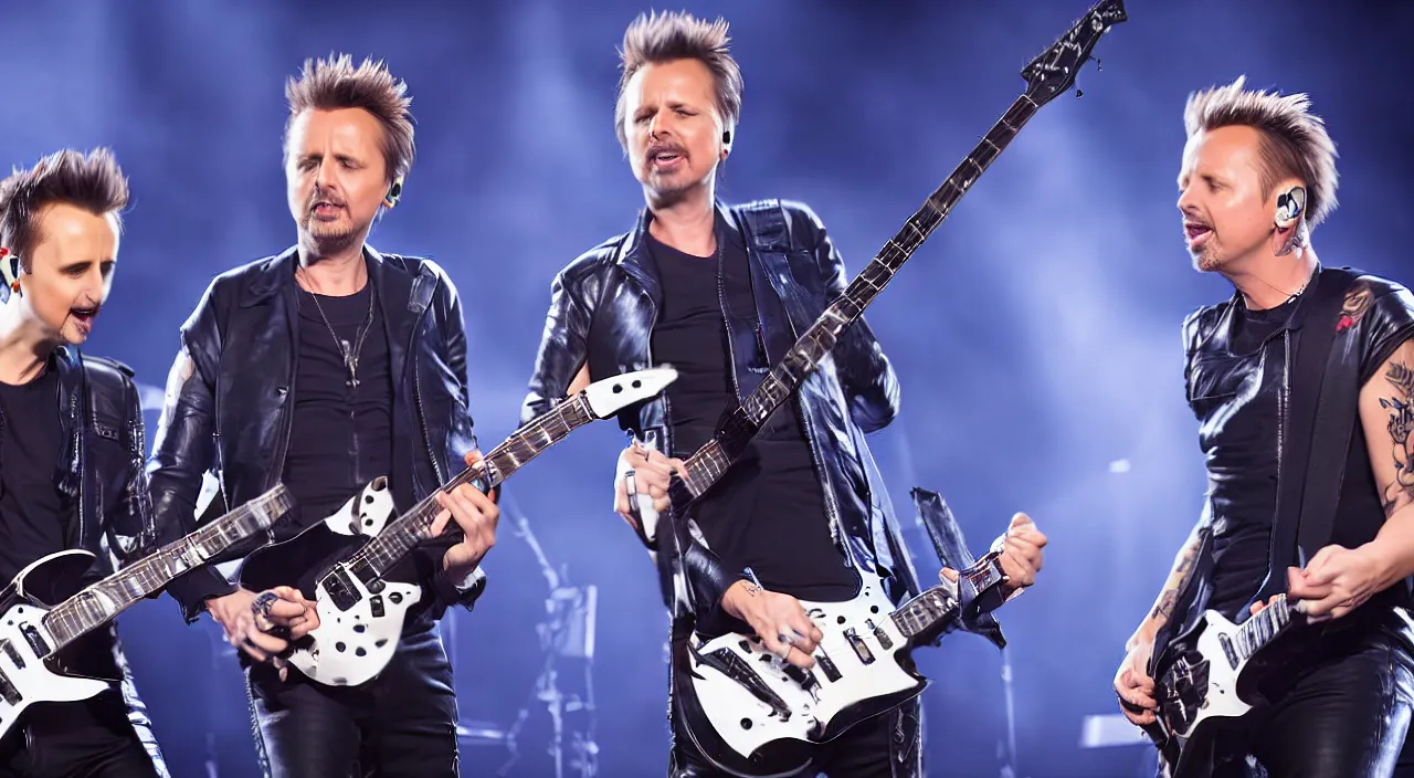 Prompt: matt bellamy and james hetfield playing on stage together, 2 0 2 2 live music video, shot on sony a 7