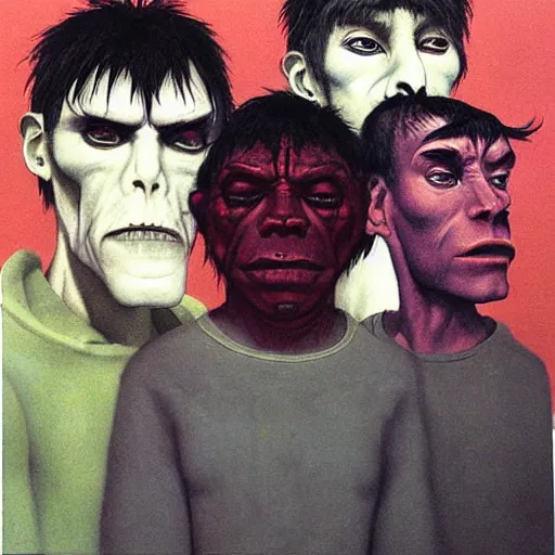 Prompt: a portrait of the gorillaz, stuart pot, russel hobbs, murdoc niccals, noodle, painted by zdzislaw beksinski