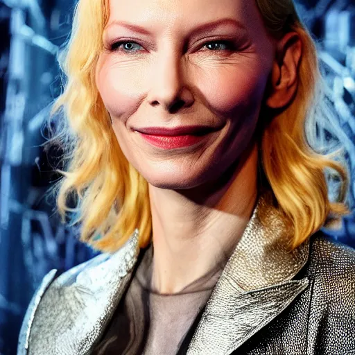 Image similar to cate blanchet as the terminator, half torn face