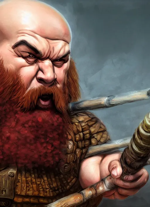 Image similar to Bald Angry Dwarven Monk with a red beard, muscular, holding a stick, Ivan Aivakovsky, Boris Vallejo, epic fantasy character art, D&D Concept Art, full length, Realistic, Regal, Refined, Detailed Digital Art, Oil Paining, Exquisite detail, post-processing, masterpiece, Cinematic Lighting, Unreal Engine, 8k, HD