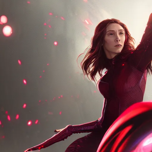 Image similar to movie still of scarlet witch creating a barrier around herself, photorealistic art style, futurism aesthetic, artstation, cgsociety contest winner