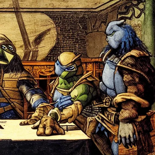 Prompt: leonardo davinci and shredder from the teenage mutant ninja turtles hosting a podcast, intricate, highly detailed, renaissance and comic book art style, 4 k, table with microphones