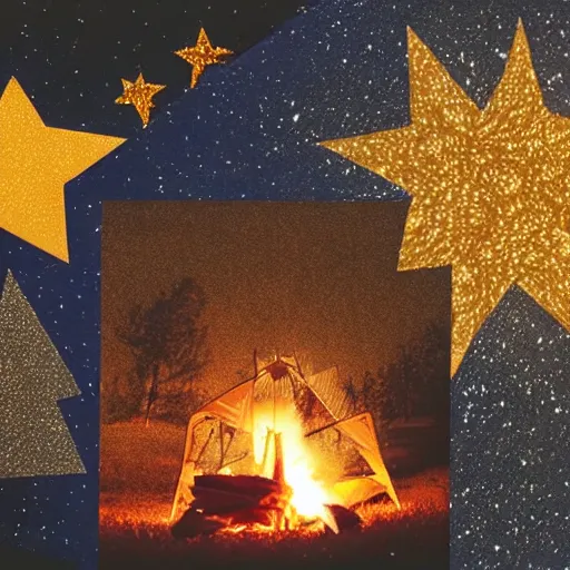 Image similar to a comfy crackling outdoor campfire in front of a very dark background of yellow illustrated stars, astrophotography, warm muted colors, cut paper photo collage with photograph and illustration