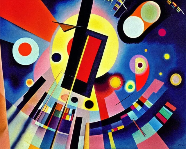 Image similar to a Kandinsky painting of 2001 a Space Odyssey by Stanley Kubrick