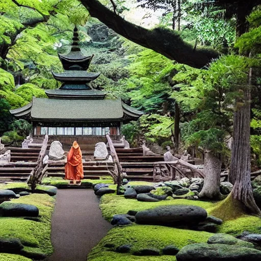 Image similar to a beautiful Zen Buddhist Meditation Forest Temple